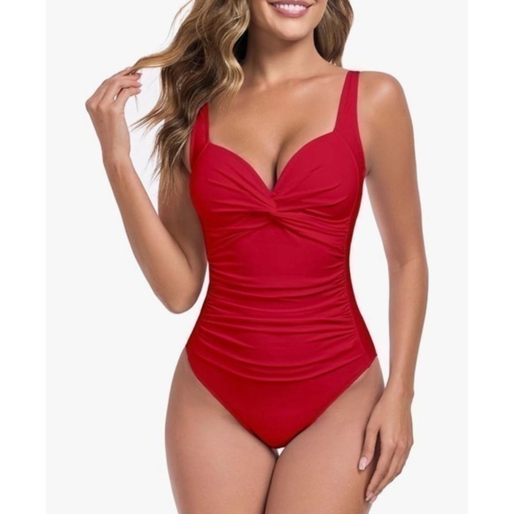 NEW Relleciga Red Medium Tummy Control Ruched One Piece Swimsuit